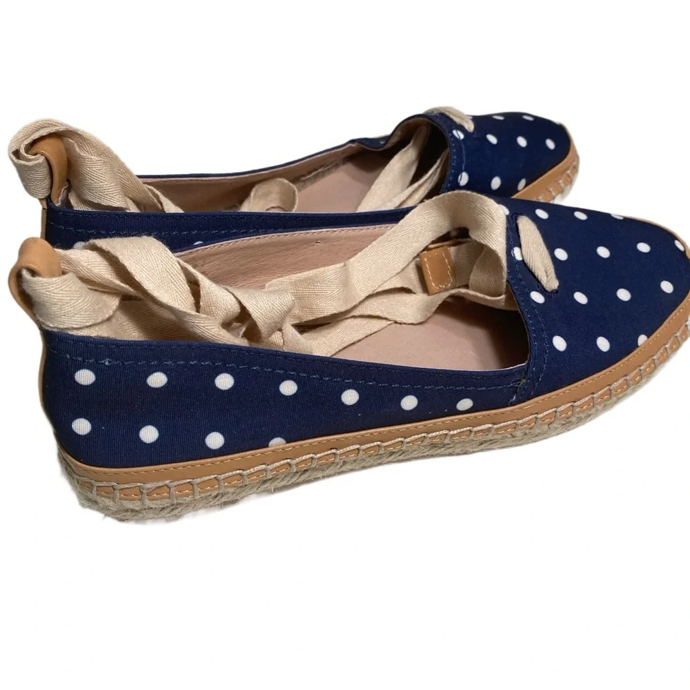 Antonio Melani Luluna Ankle Wrap Jute Espadrille Slip On Polka Dot Flat Navy 7.5